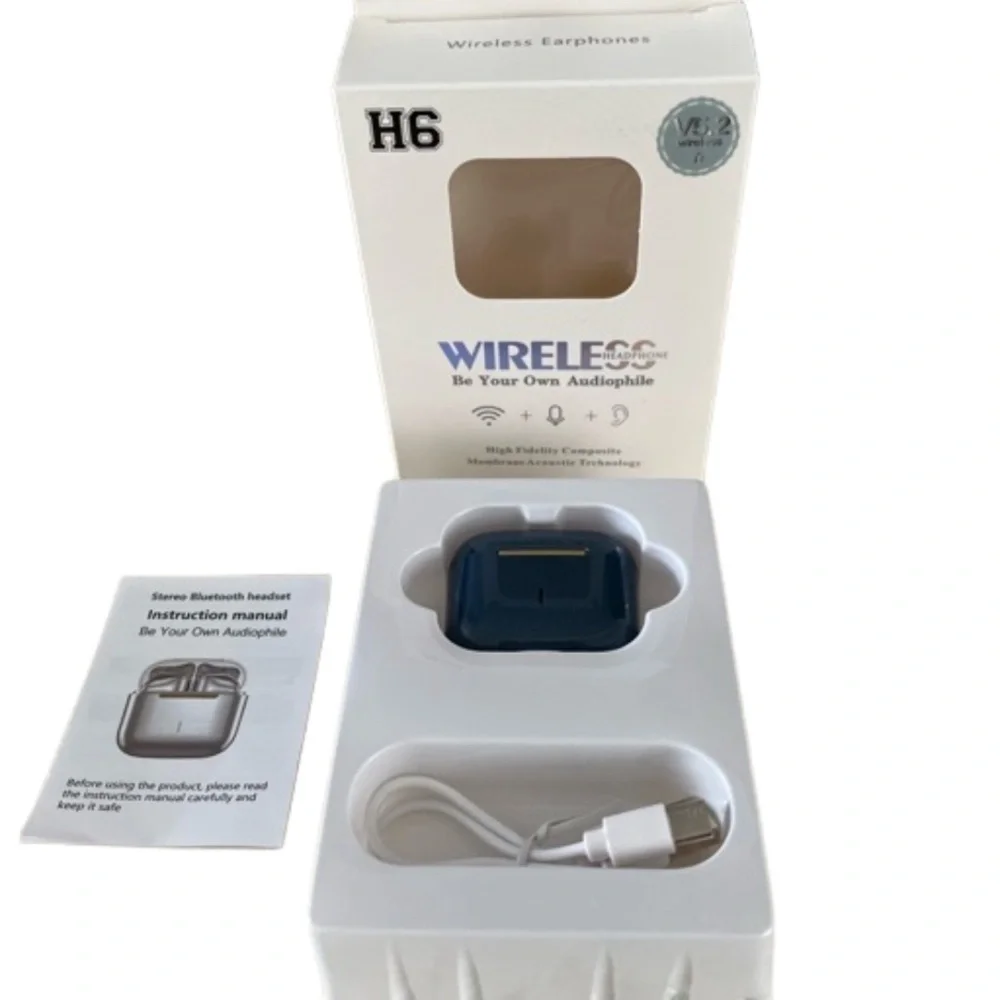 BNIB H6 Wireless V5.2 AirPods Dark Blue,box,AirPods and charger.